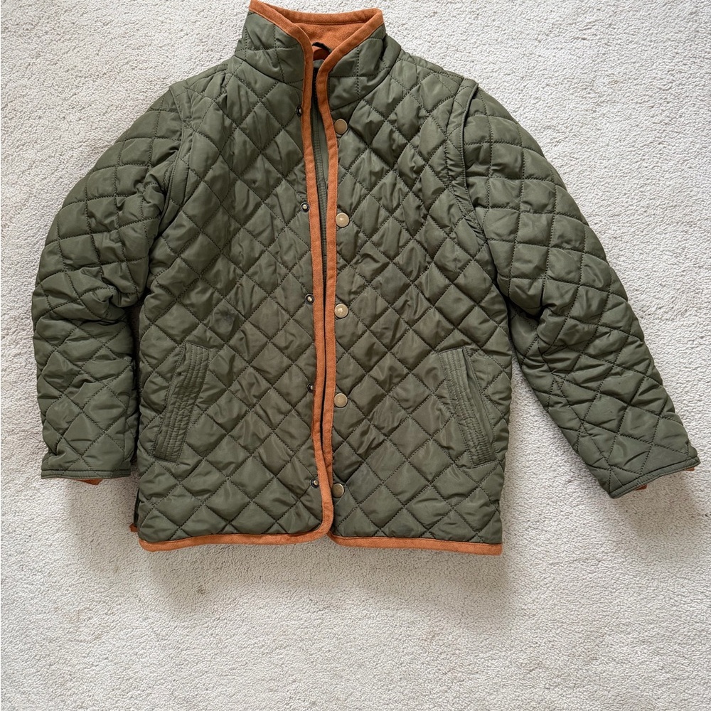 Quilted Green, leather trimmed jacket that can convert to a vest